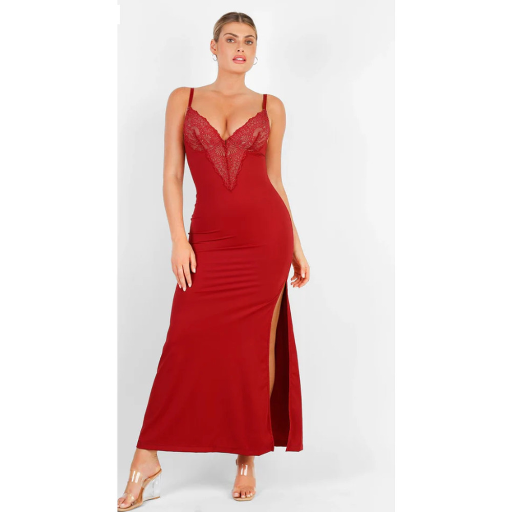 Popilush‎ Shapewear Lace V Neck Side Slit Slimming Maxi Slip Dress Size L